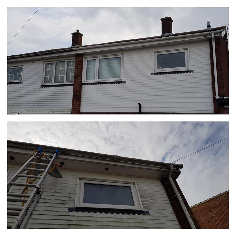 Before and after of a caravans cladding cleaned by a pressure washer.
