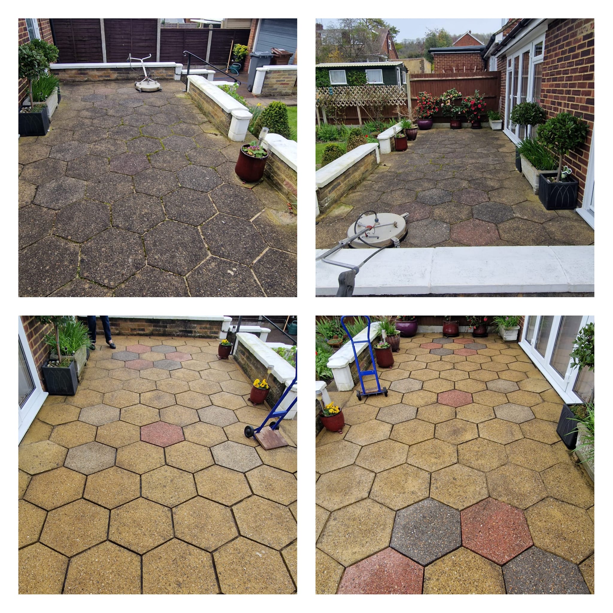 Before and after of a patio cleaned using a pressure washer.